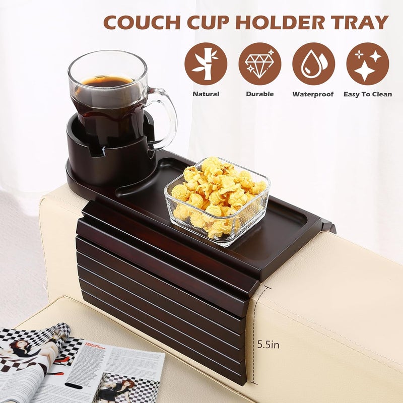 BAMTRAY Couch Cup Holder Tray, 15.75" Bamboo Cup Holder for Couch, 3 in 1 Foldable Arm Chair Clip on Side Tray Table for Remote Snack Table on Armrest - Image 3